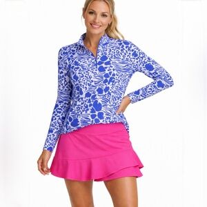 IBKUL Bianca Royal Blue Print Long Sleeve Quarter Zip  Golf Shirt Sz Large🧡